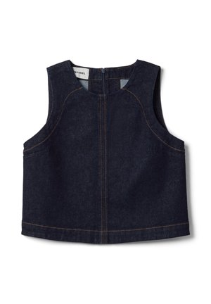 Top corto senza maniche in denim blu scuro con scollo rotondo e cuciture arancioni visibili, con chiusura a zip sul retro.