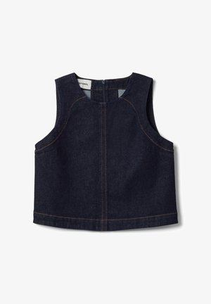 Donkerblauw denim mouwloos crop top met ronde hals en zichtbare oranje stiksels, voorzien van een ritssluiting aan de achterkant.