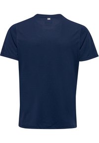 Marineblå kortærmet t-shirt lavet af åndbart materiale, med rund hals og et lille logo på ryggen. Flade sømme og glat tekstur.