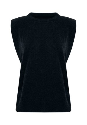 Black sleeveless top made from a textured knit fabric, featuring a rounded neckline and shoulder padding for structured shape.