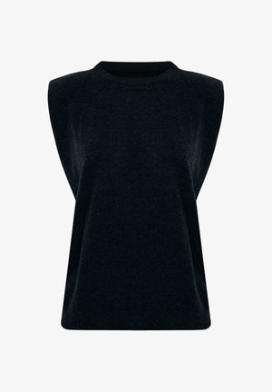 Haut sans manches noir en tissu tricoté texturé, avec un col arrondi et des épaulettes pour une silhouette structurée.