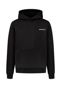 Sweat-shirt à capuche noire en tissu coton. Dispose d'une poche frontale, de poignets côtelés et d'un petit logo blanc sur la poitrine. Design simple.
