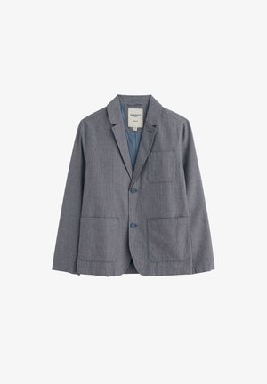 Vyriškas pilkas tekstūruotas švarkas su dviem apatinėmis kišenėmis, viena krūtinės kišene, atpjautu atlapu ir dviejų mygtukų priekyje užsegimu.