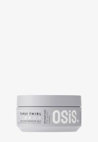 OSIS+ Tipsy Twirl är en ljusgrå plastbehållare för hårgelé med ett brett, platt lock. Den har fet vit text på sidan.