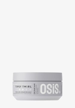 OSIS+ Tipsy Twirl è un contenitore di gel per capelli in plastica grigia chiara, con un coperchio largo e piatto. Presenta un testo bianco in grassetto sul lato.