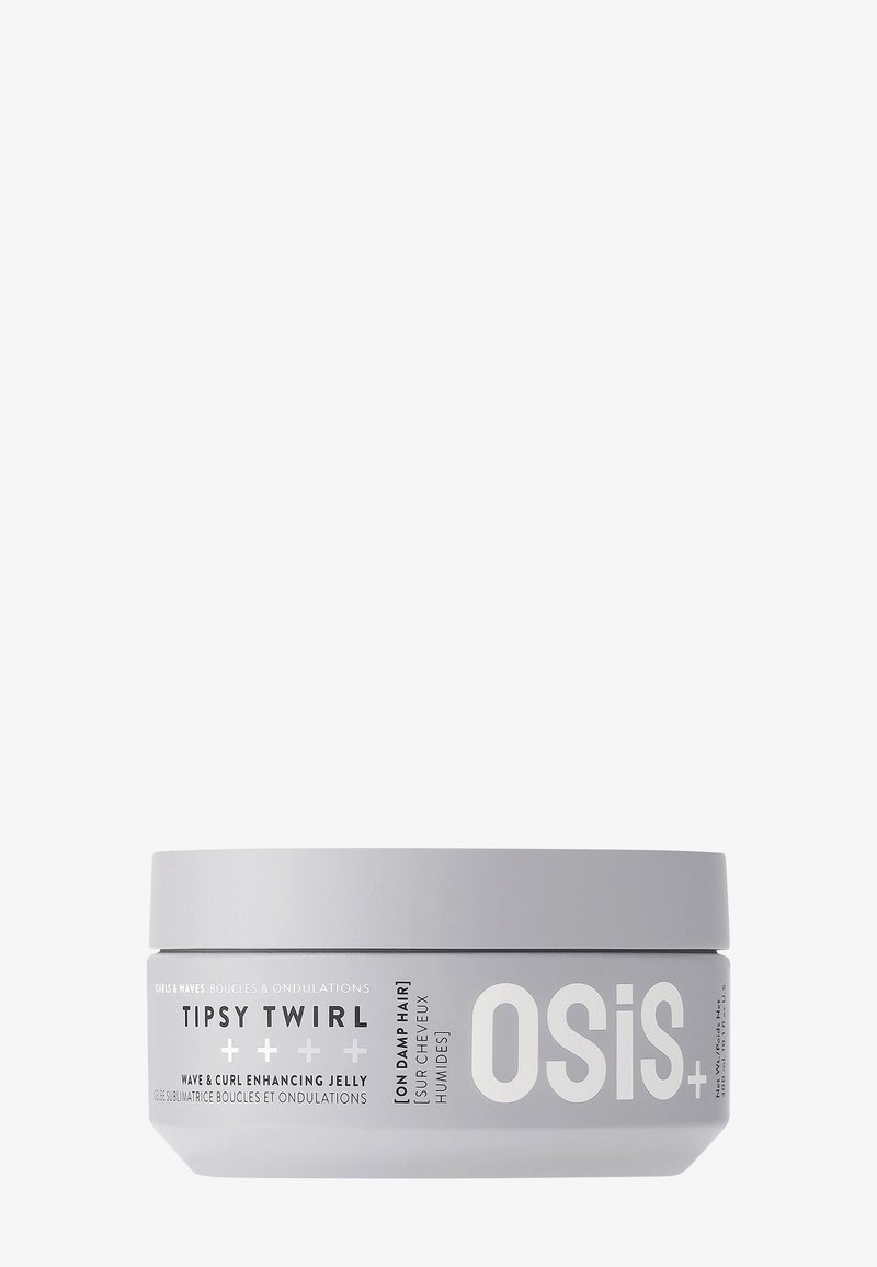 OSIS+ Tipsy Twirl är en ljusgrå plastbehållare för hårgelé med ett brett, platt lock. Den har fet vit text på sidan.