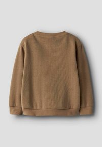 Brown sweatshirt with a ribbed texture, round neck, and long sleeves. The bottom hem and cuffs are also ribbed, creating a fitted appearance.