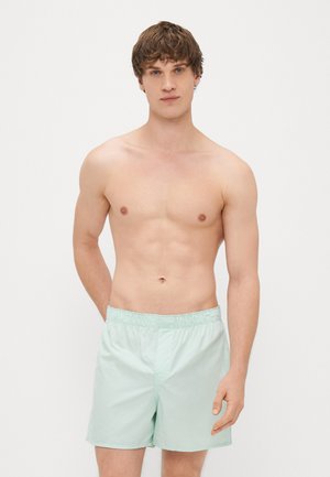 Tirkiznozelene kupaće hlače od lagane tkanine, s elastičnom trakom oko struka i bočnim džepovima, prikazane na modelu s golim torzom.