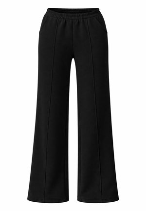 Černé kalhoty s širokými nohavicemi, elastickým pasem, švovými detaily vpředu a bočními kapsami.