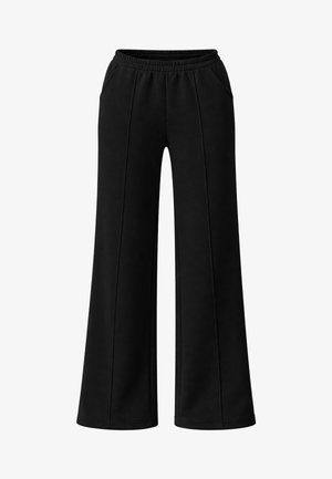 Fekete, szélén széles nadrág elasztikus derékpánttal, elöl varrási részletekkel és oldalzsebekkel.