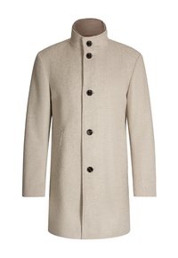 Beige herenjas met een houndstooth patroon, hoge kraag en vijf donkere knopen aan de voorkant, voorzien van zijzakken.