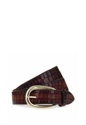 Ceinture en cuir brun avec un motif de crocodile, dotée d'une boucle en métal argenté de forme circulaire et d'une finition lisse.