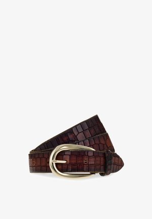 Brown leather belt with an alligator pattern, featuring a circular silver metal buckle and a smooth textured finish.