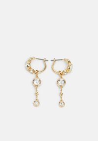 Gold hoop earrings featuring dangling clear crystals, with a polished finish, rounded shapes, and alternating bead accents.