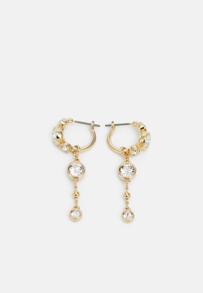 Gold hoop earrings featuring dangling clear crystals, with a polished finish, rounded shapes, and alternating bead accents.