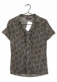 Blouse noir et blanc à manches courtes avec un col, patte de boutonnage froncée, motif à rayures verticales et texture textile.