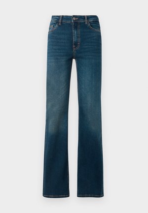 Donkerblauwe, high-waisted jeans met een rechte pijp. Gemaakt van denim, met contrasterende stiksels en een klassiek ontwerp met vijf zakken.