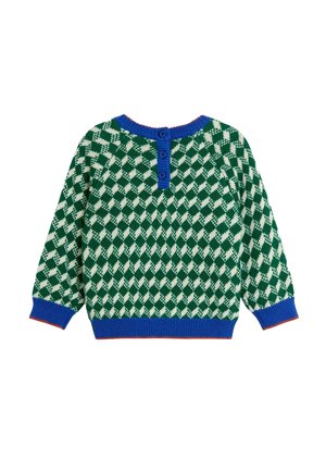 Grøn- og hvidternet sweater med en blå ribbede krave og manchetter, tre-knaps placket bagpå, med orange accenter.