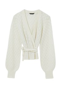 Cardigan bianco lavorato a maglia con motivo a rombi, design avvolgente e maniche ampie. Presenta una cintura da annodare in vita e polsini a coste.