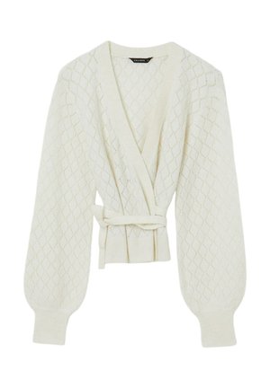 Cardigan bianco lavorato a maglia con motivo a rombi, design avvolgente e maniche ampie. Presenta una cintura da annodare in vita e polsini a coste.