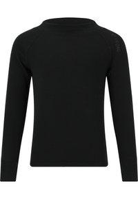 Chemise noire à manches longues avec un col haut, fabriquée à partir d'un tissu extensible. Dotée de manches raglan et d'un discret logo sur l'épaule.