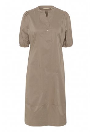 Lühikeste varrukatega taupe' värvi kleit, V-kaelakaelusega, nööpdetailiga kaeluses ja kergelt puffitatud varrukatega; sile tekstuur ja põlve pikkune disain.