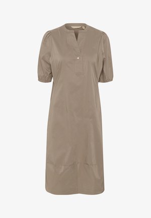 Lühikeste varrukatega taupe' värvi kleit, V-kaelakaelusega, nööpdetailiga kaeluses ja kergelt puffitatud varrukatega; sile tekstuur ja põlve pikkune disain.