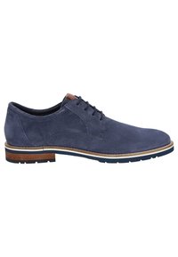 Navy suede dress shoe with a slightly rounded toe, contrasting brown accent on the eyelet, and a textured outsole with a low heel.
