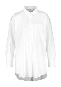 Chemise blanche à boutons avec manches longues, poche poitrine et texture lisse en coton. Elle possède un col pointu et des fentes latérales.