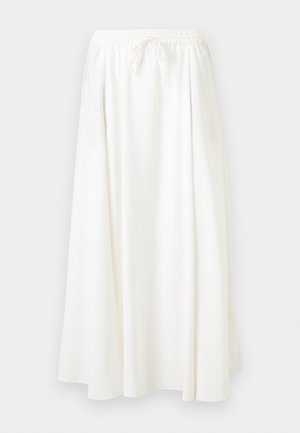 Gonna bianca lunga e fluente con vita elasticizzata e coulisse annodata, mostrata su uno sfondo chiaro e uniforme.