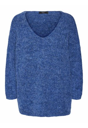 Mėlynas megztinis su V formos iškirpte, ilgomis rankovėmis ir tekstūruotu audiniu. Turi laisvą siluetą ir šiek tiek šlaitinį apatinį kraštą.