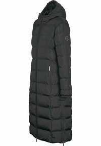 Zwarte gewatteerde jas met een capuchon, voorzien van een ritssluiting, verticale tijkpatroon, zijzakken en een embleem op de linker mouw.