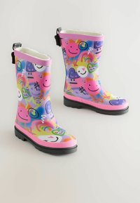Stivali di gomma colorati con un design giocoso caratterizzato da faccine sorridenti, cuori e stelle in tonalità di viola, rosa e giallo. Suole nere.