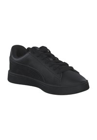 Zapatillas de cuero negro con puntera redondeada, diseño de cordones y una textura suave. Presentan rayas laterales y un collar acolchado. Suela de goma.