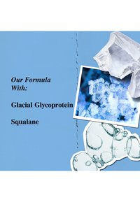 Collage présentant des textures et des formes glacées, avec une photo de cristaux glaciaires. Fond bleu avec du texte mettant en valeur les Glycoprotéines Glaciaires et le Squalane.
