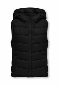 Crni prsluk s kapuljačom bez rukava, s prednjim patentnim zatvaračem i dva bočna džepa, teksturiran kviltanim panelima za izolaciju.