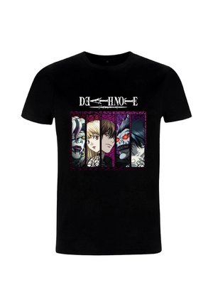 Czarny t-shirt z grafiką przedstawiającą cztery postacie z Death Note na tle z wzorem w kolorach fioletowym i czarnym.