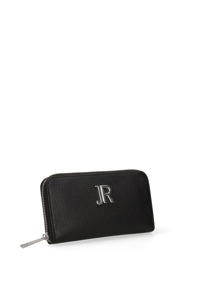 Portefeuille zippé en cuir noir texturé avec logo JR argenté sur le devant et tirette de fermeture éclair assortie en argent.