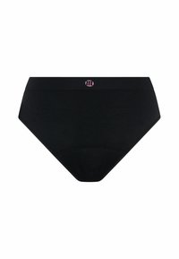 Sous-vêtements noirs taille haute en tissu doux avec une texture lisse, ornés d'un logo rose sur la ceinture. Design simple et fonctionnel.