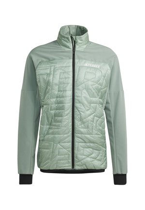  Lichtgroene Terrex-jas met een gewatteerde voorkant, hoge kraag, volledige ritssluiting en zwarte cuffs. Eenvoudig ontwerp, geschikt voor gebruik in de buitenlucht.
