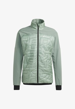 Lichtgroene Terrex-jas met een gewatteerde voorkant, hoge kraag, volledige ritssluiting en zwarte cuffs. Eenvoudig ontwerp, geschikt voor gebruik in de buitenlucht.