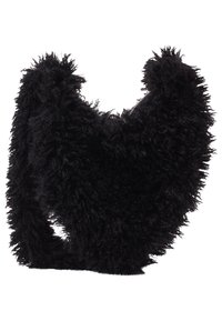 Geantă neagră pufoasă cu o formă rotundă, având o textură moale și un material distinct, zburător. Fără accesorii sau detalii vizibile.