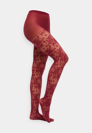 Røde blomster-lace strømpebukser med en glat, uigennemsigtig talje og delikate bladmønstre, der dækker benene og fremhæver en semi-gennemsigtig finish.