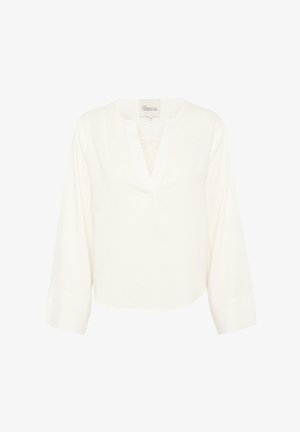 Bílá halenka s dlouhým rukávem a výstřihem do V, s volným střihem. Vyrobena z lehkého materiálu s hladkou texturou a minimem švů.