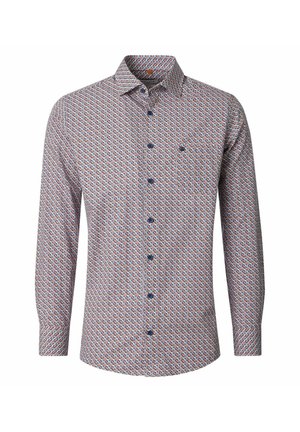Herren-Hemd mit langen Ärmeln und Knopfleiste, versehen mit einem kleinen geometrischen Muster in Rot, Blau und Weiß, sowie einem klassischen Kragen.