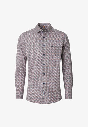 Męska koszula na długi rękaw z guzikami, z drobnym geometrycznym wzorem w kolorach czerwonym, niebieskim i białym na całej powierzchni oraz klasycznym kołnierzem.