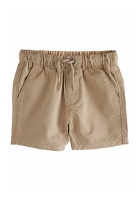 Pantaloni corti color khaki realizzati in tessuto leggero, dotati di vita elasticizzata, chiusura con cordoncino e due tasche laterali. Texture liscia.