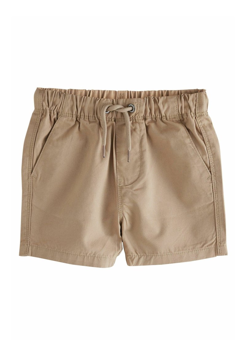 Pantaloni corti color khaki realizzati in tessuto leggero, dotati di vita elasticizzata, chiusura con cordoncino e due tasche laterali. Texture liscia.