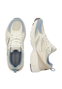 Lätta sportskor med en beige ovandel, blå detaljer, andningsbart mesh, mönstrade överdrag och en texturerad gummisula.