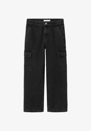 Pantalon cargo noir droit avec fermeture par bouton et zip, poches latérales et poches à rabat sur chaque cuisse.
